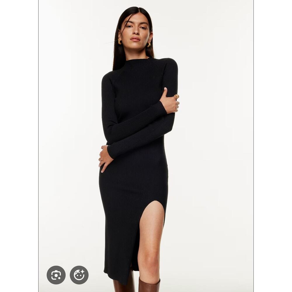 Wilfred Ribbed Mock Neck Midi Dress Black Long Sleeve Slit Bodycon Aritzia Small